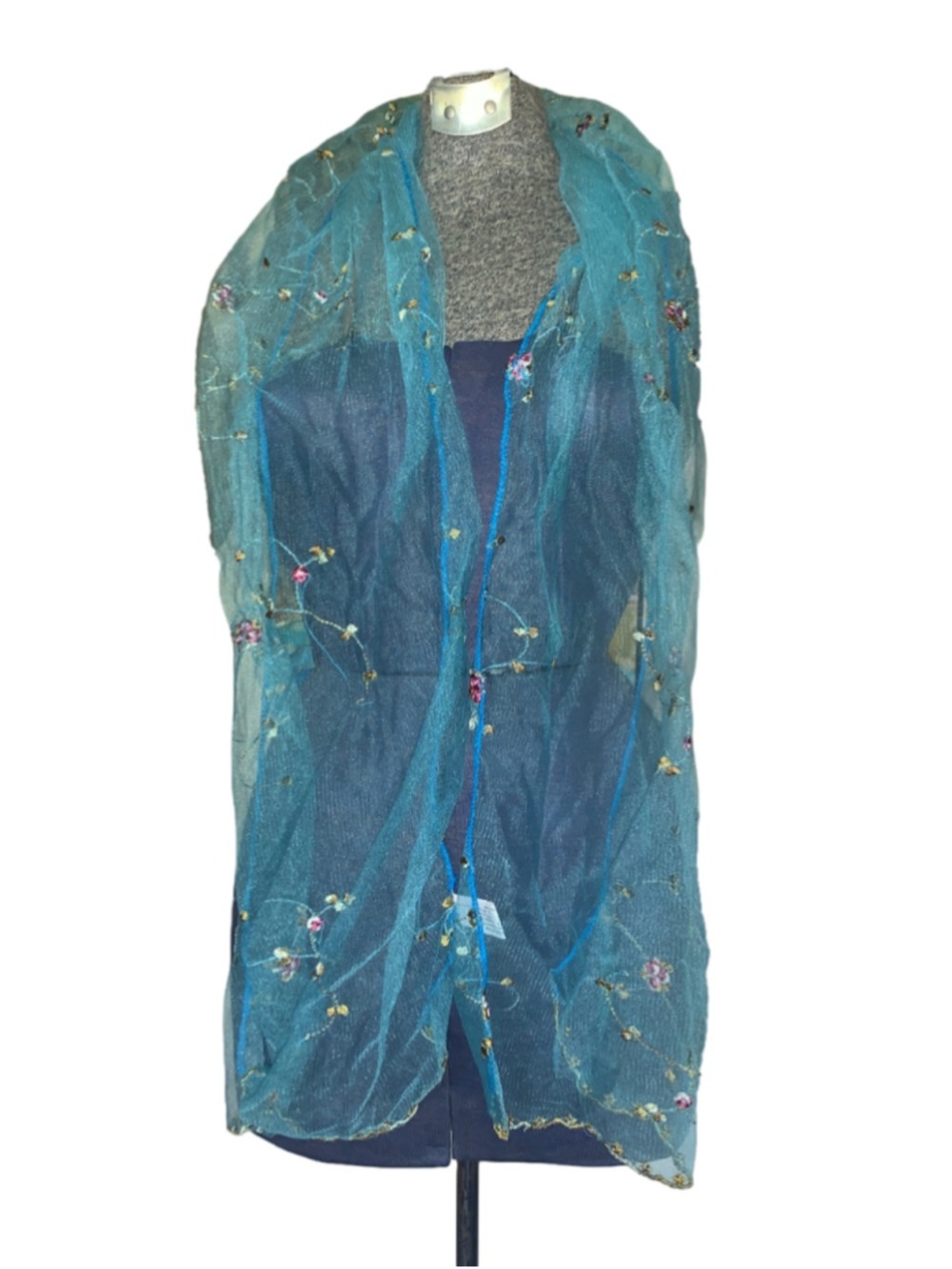 Women's Unbranded Sheer Floral Embroidered Scarf One Size Blue Gold